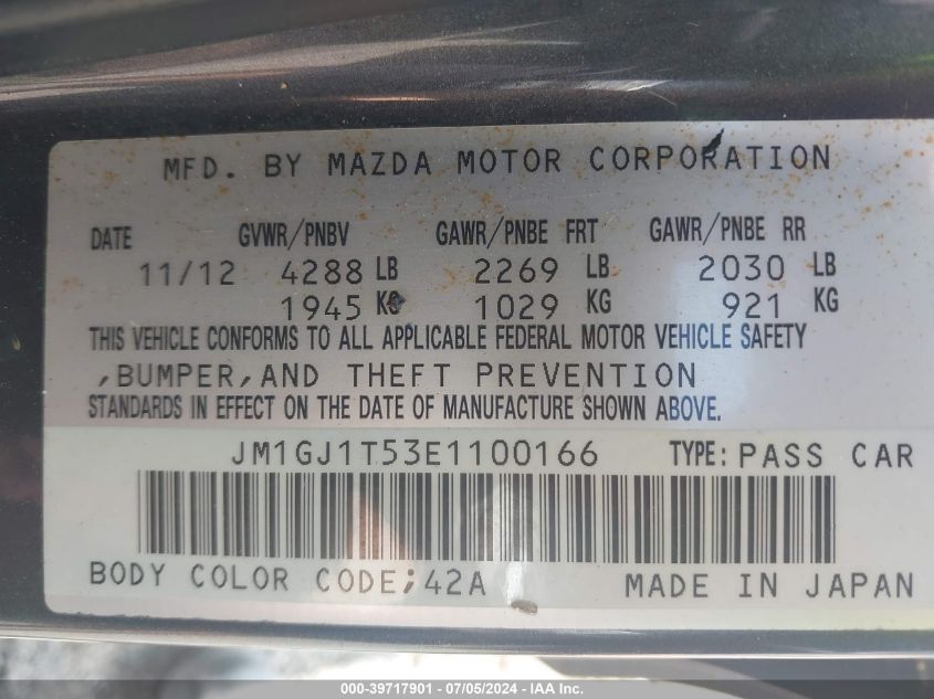 2014 Mazda Mazda6 I Touring VIN: JM1GJ1T53E1100166 Lot: 39717901