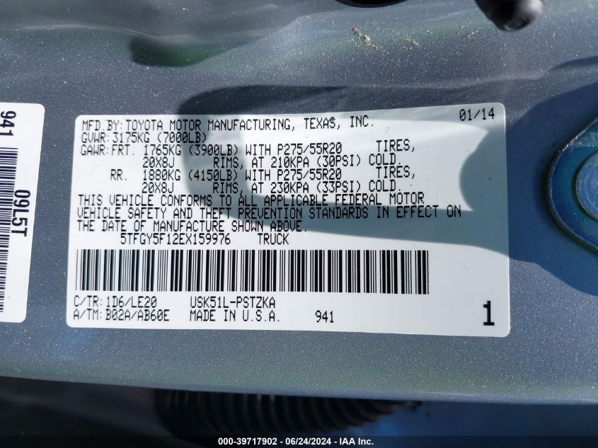 2014 Toyota Tundra Platinum 5.7L V8 VIN: 5TFGY5F12EX159976 Lot: 39717902