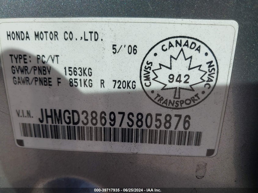 2007 Honda Fit Sport VIN: JHMGD38697S805876 Lot: 39717935