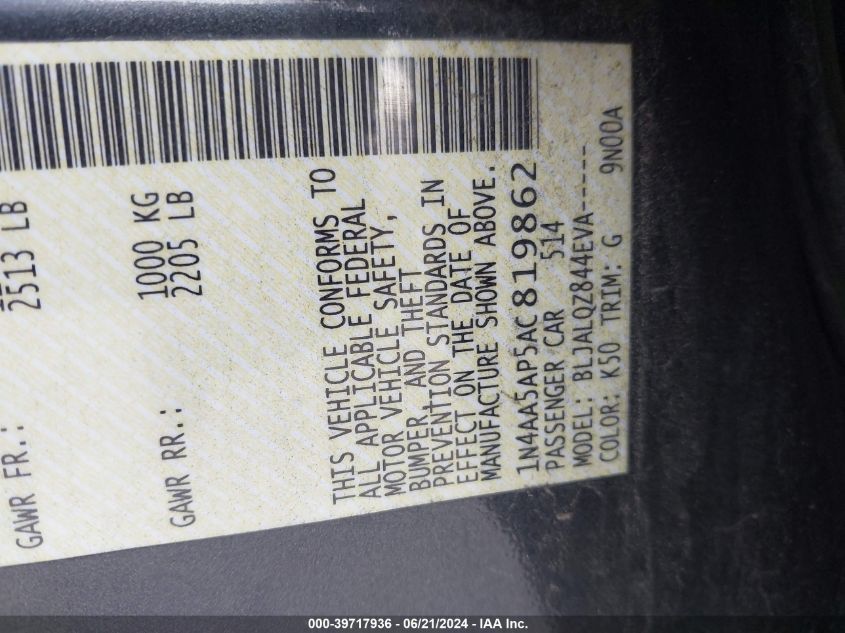 2010 Nissan Maxima 3.5 S VIN: 1N4AA5AP5AC819862 Lot: 39717936