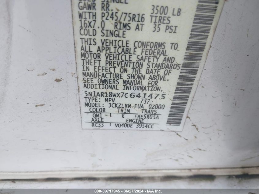 2007 Nissan Pathfinder Le/Se/Xe VIN: 5N1AR18WX7C641475 Lot: 39717945