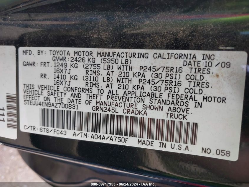 2010 Toyota Tacoma Base V6 VIN: 5TEUU4EN9AZ700831 Lot: 39717953