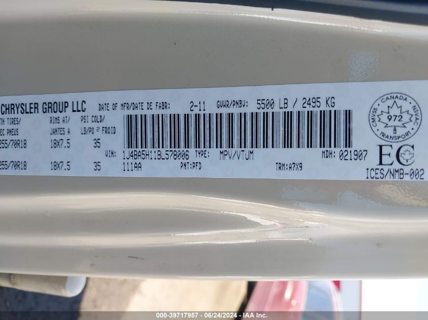 2011 Jeep Wrangler Unlimited Sahara VIN: 1J4BA5H11BL578006 Lot: 39717957