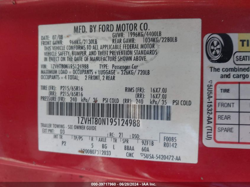 2009 Ford Mustang VIN: 1ZVHT80N195124988 Lot: 39717960