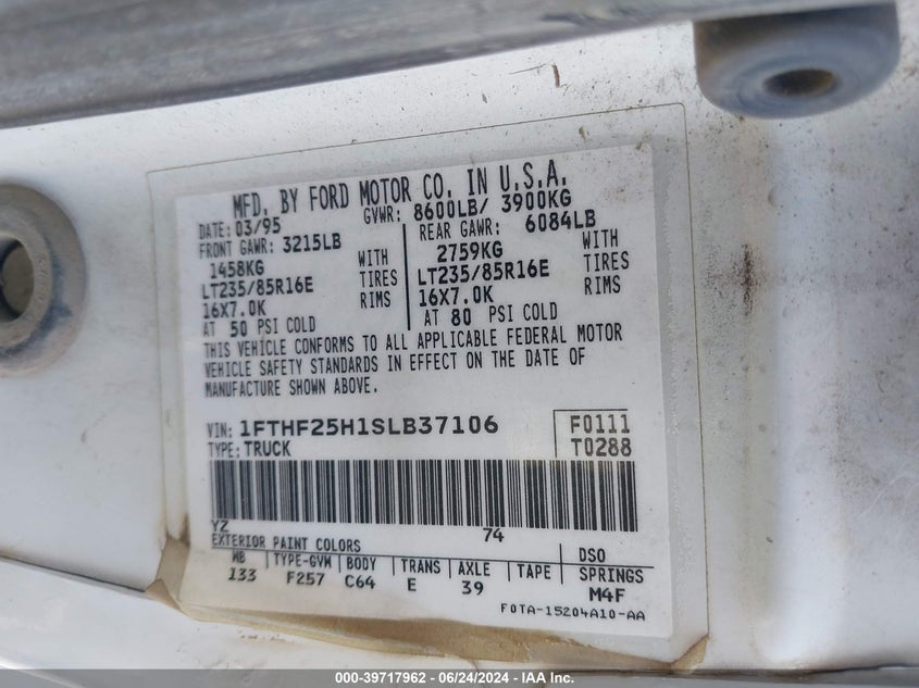 1995 Ford F250 VIN: 1FTHF25H1SLB37106 Lot: 39717962