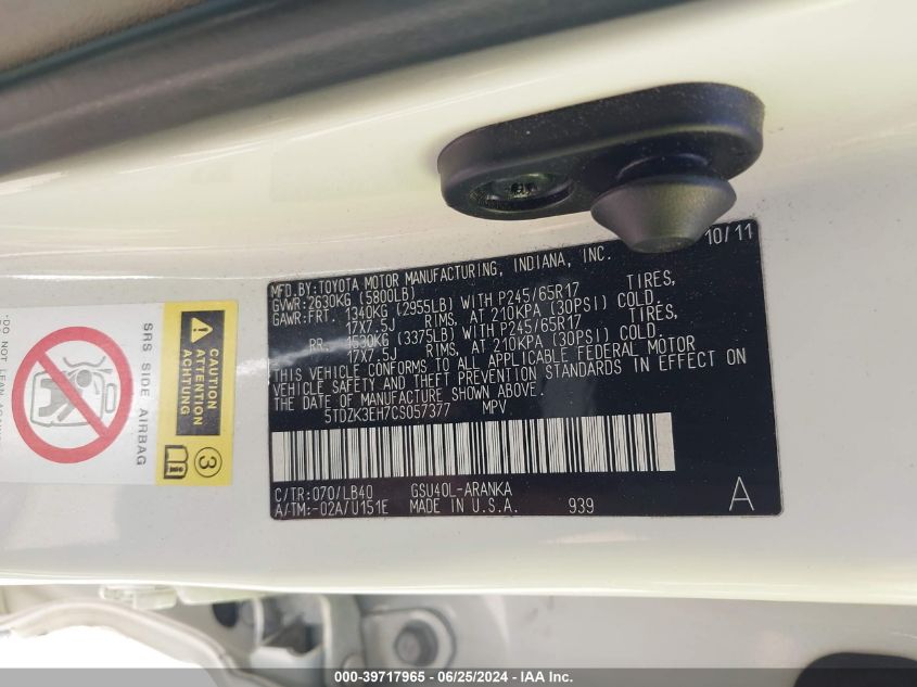 2012 Toyota Highlander Se VIN: 5TDZK3EH7CS057377 Lot: 39717965