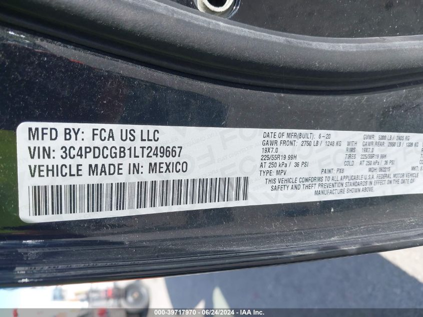 2020 Dodge Journey Crossroad VIN: 3C4PDCGB1LT249667 Lot: 39717970