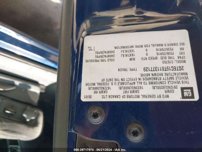 2001 GMC Sierra 1500 Sle VIN: 2GTEC19T611377129 Lot: 39717974