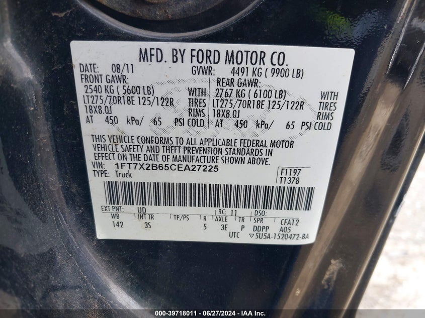 2012 Ford F-250 Xlt VIN: 1FT7X2B65CEA27225 Lot: 39718011