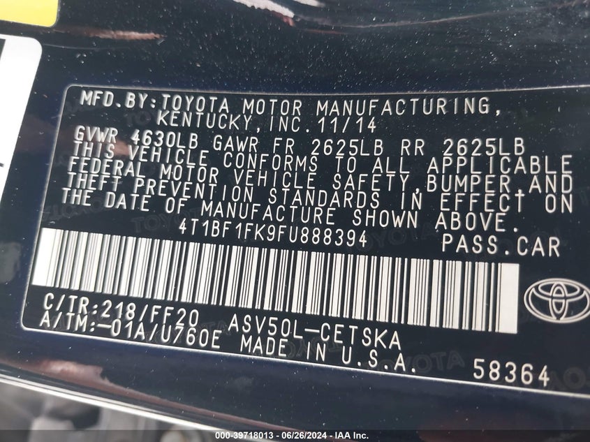 2015 Toyota Camry Se VIN: 4T1BF1FK9FU888394 Lot: 39718013