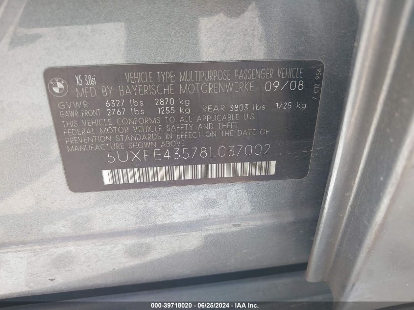 2008 BMW X5 3.0I VIN: 5UXFE43578L037002 Lot: 39718020