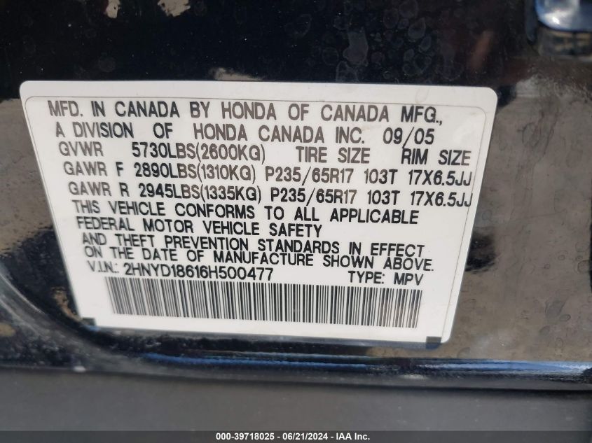 2006 Acura Mdx VIN: 2HNYD18616H500477 Lot: 39718025