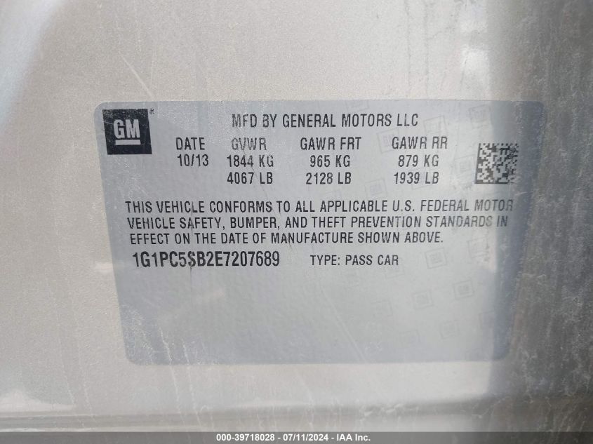 2014 Chevrolet Cruze 1Lt Auto VIN: 1G1PC5SB2E7207689 Lot: 39718028