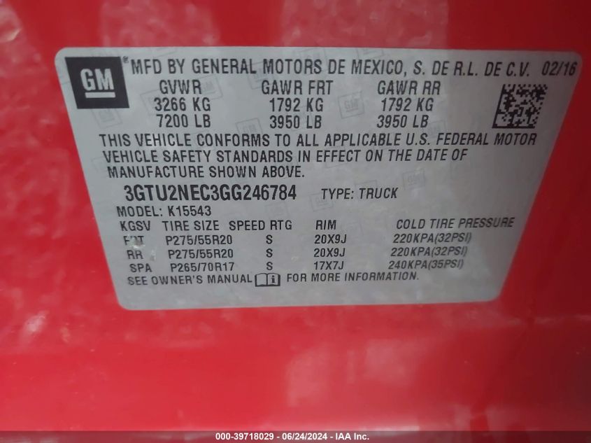 2016 GMC Sierra 1500 Slt VIN: 3GTU2NEC3GG246784 Lot: 39718029