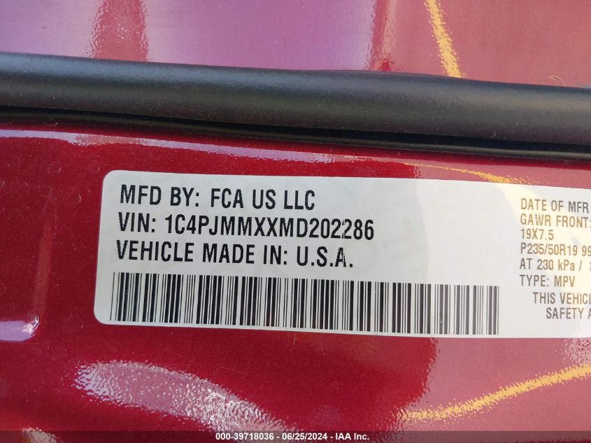 2021 Jeep Cherokee 80Th Anniversary 4X4 VIN: 1C4PJMMXXMD202286 Lot: 39718036