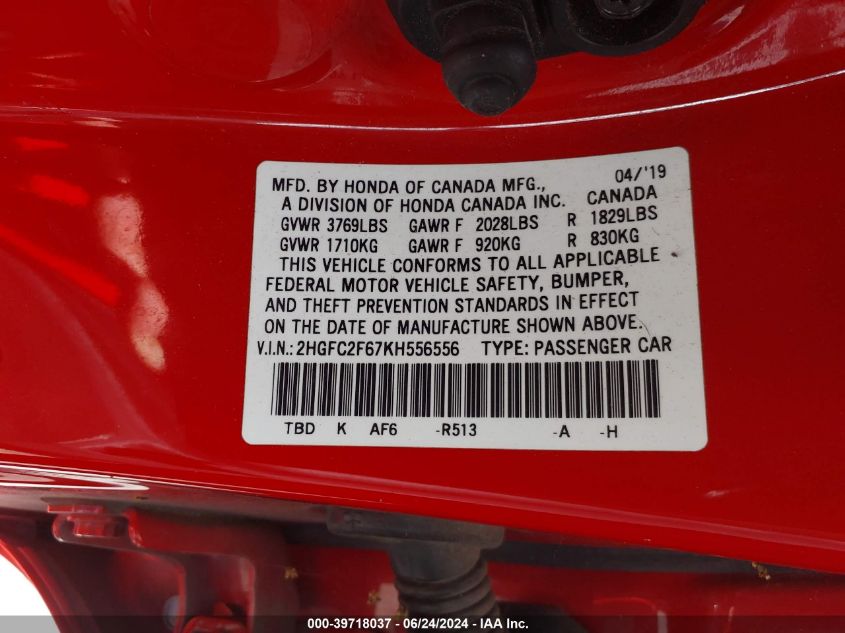 2019 Honda Civic Lx VIN: 2HGFC2F67KH556556 Lot: 39718037