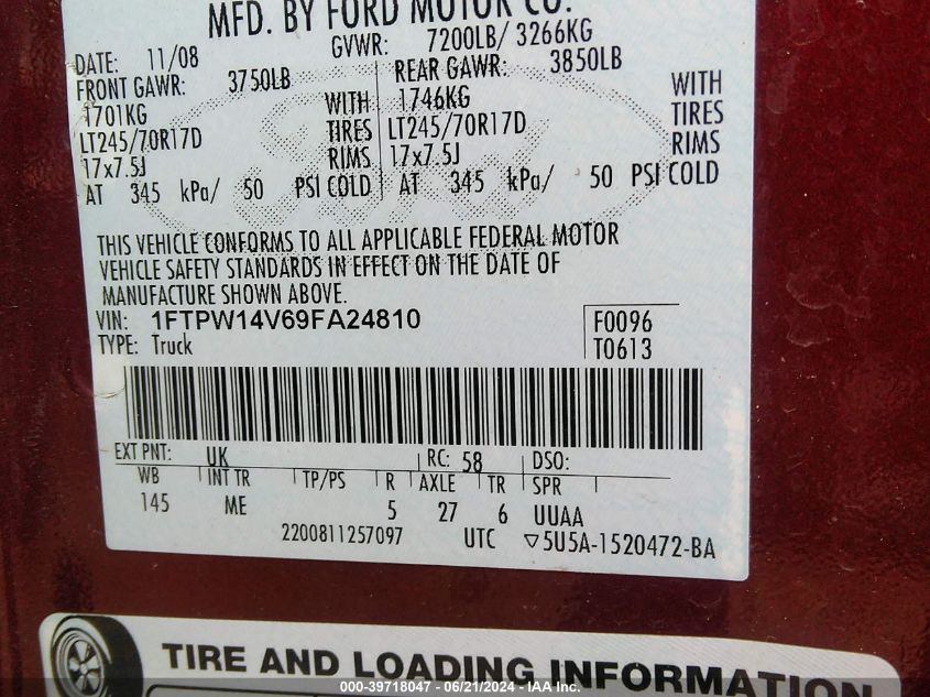 2009 Ford F150 Supercrew VIN: 1FTPW14V69FA24810 Lot: 39718047