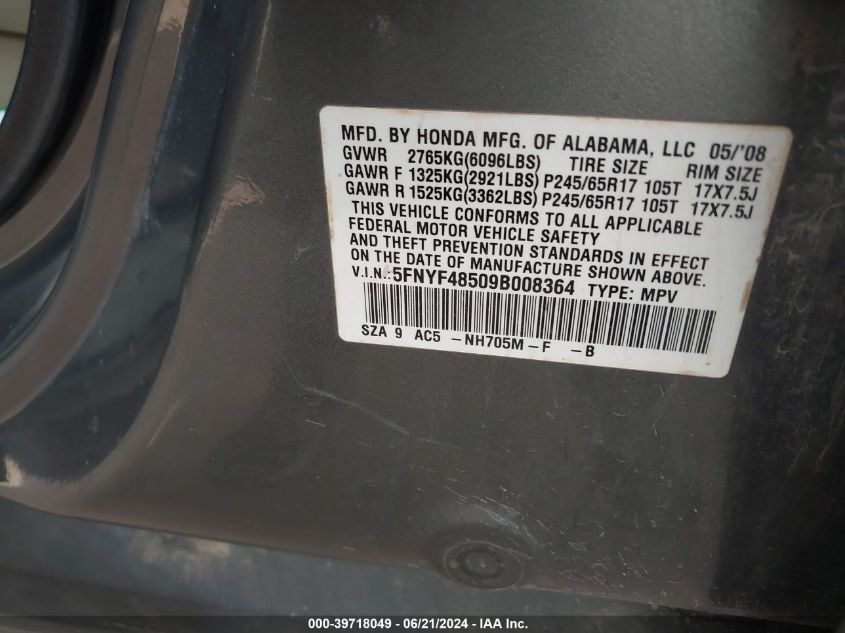 2009 Honda Pilot Ex-L VIN: 5FNYF48509B008364 Lot: 39718049
