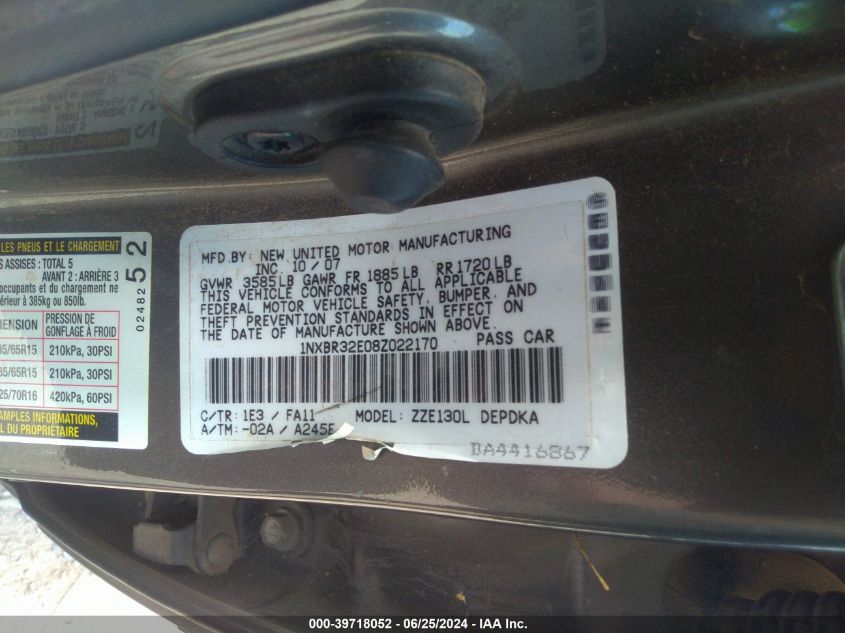 2008 Toyota Corolla Ce/Le/S VIN: 1NXBR32E08Z022170 Lot: 39718052