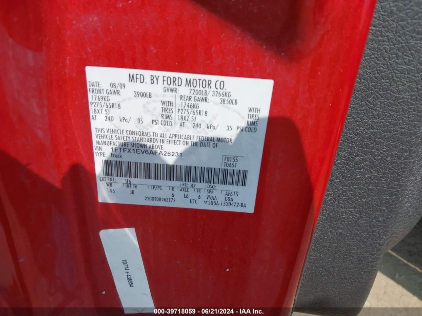 2010 Ford F-150 Fx4/Lariat/Xl/Xlt VIN: 1FTFX1EV6AFA26231 Lot: 39718059