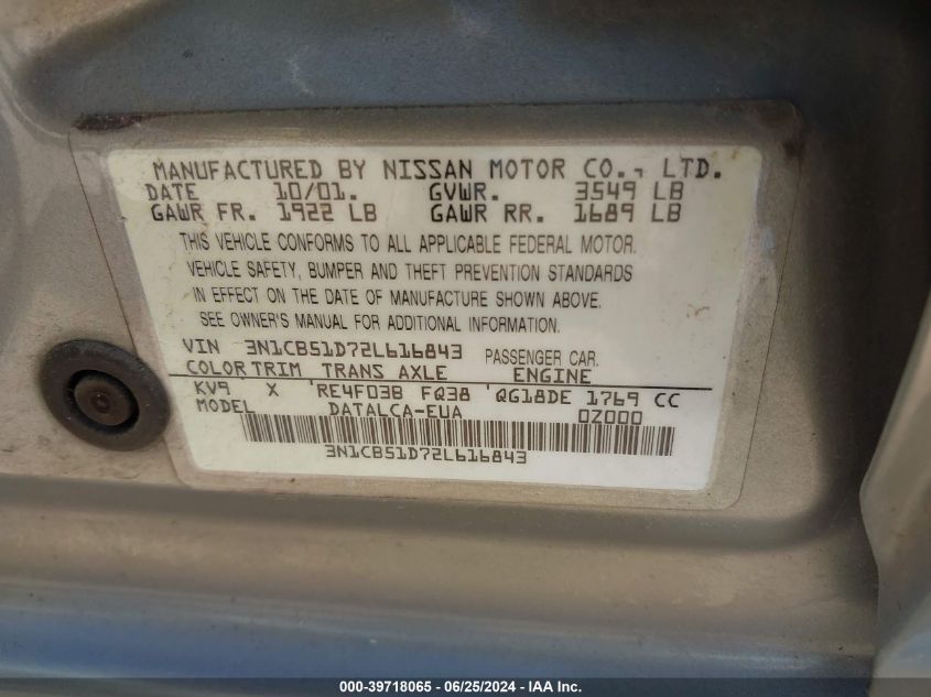 2002 Nissan Sentra Xe/Gxe VIN: 3N1CB51D72L616843 Lot: 39718065