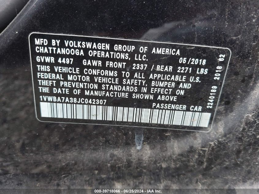 2018 Volkswagen Passat Se VIN: 1VWBA7A38JC042307 Lot: 39718066