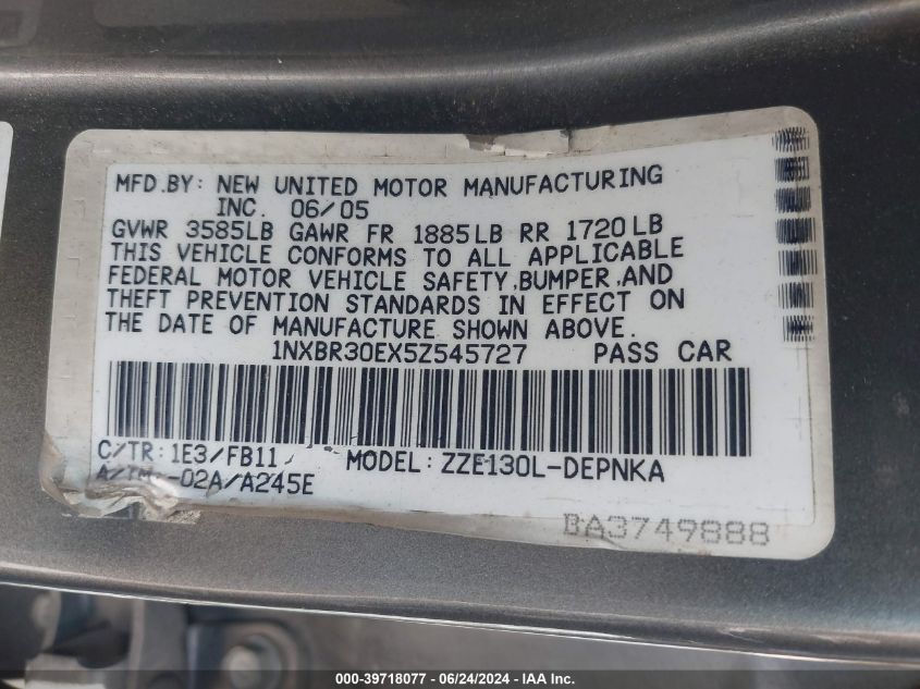 2005 Toyota Corolla Le VIN: 1NXBR30EX5Z545727 Lot: 39718077