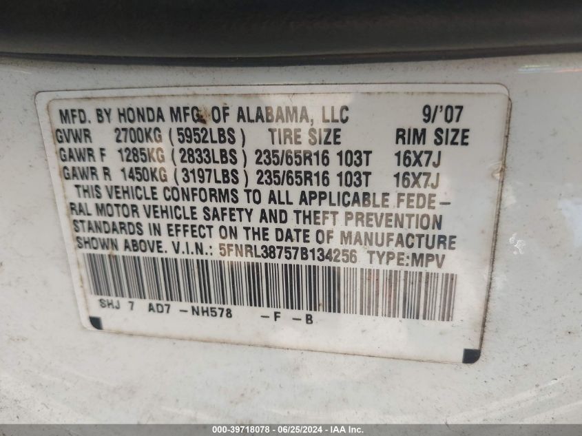 2007 Honda Odyssey Ex-L VIN: 5FNRL38757B134256 Lot: 39718078