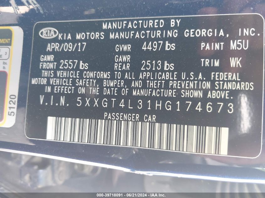 2017 Kia Optima Lx VIN: 5XXGT4L31HG174673 Lot: 39718091