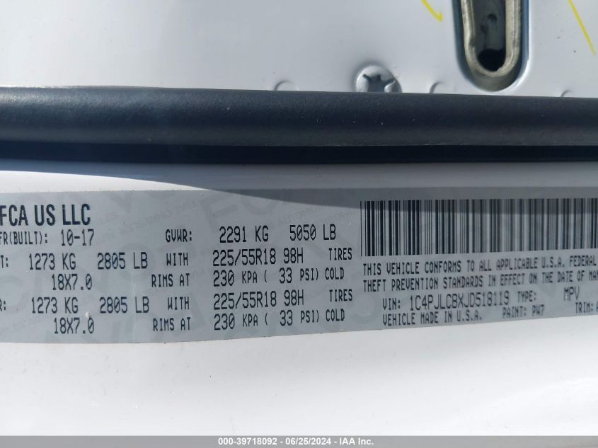 2018 Jeep Cherokee Latitude VIN: 1C4PJLCBXJD518119 Lot: 39718092