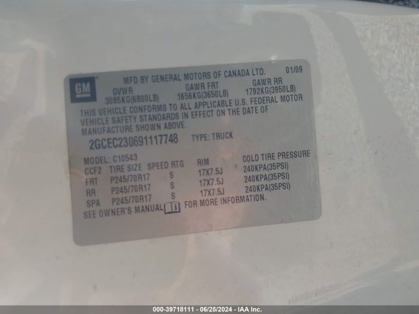 2009 Chevrolet Silverado 1500 Lt VIN: 2GCEC230691117748 Lot: 39718111