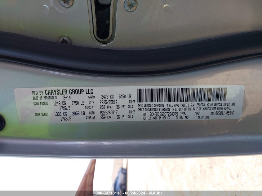 2014 Dodge Journey Sxt VIN: 3C4PDCBG9ET224375 Lot: 39718133