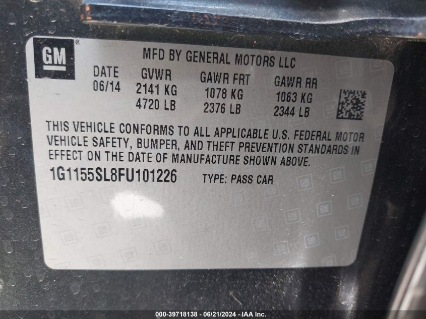 2015 Chevrolet Impala 1Lz VIN: 1G1155SL8FU101226 Lot: 39718138