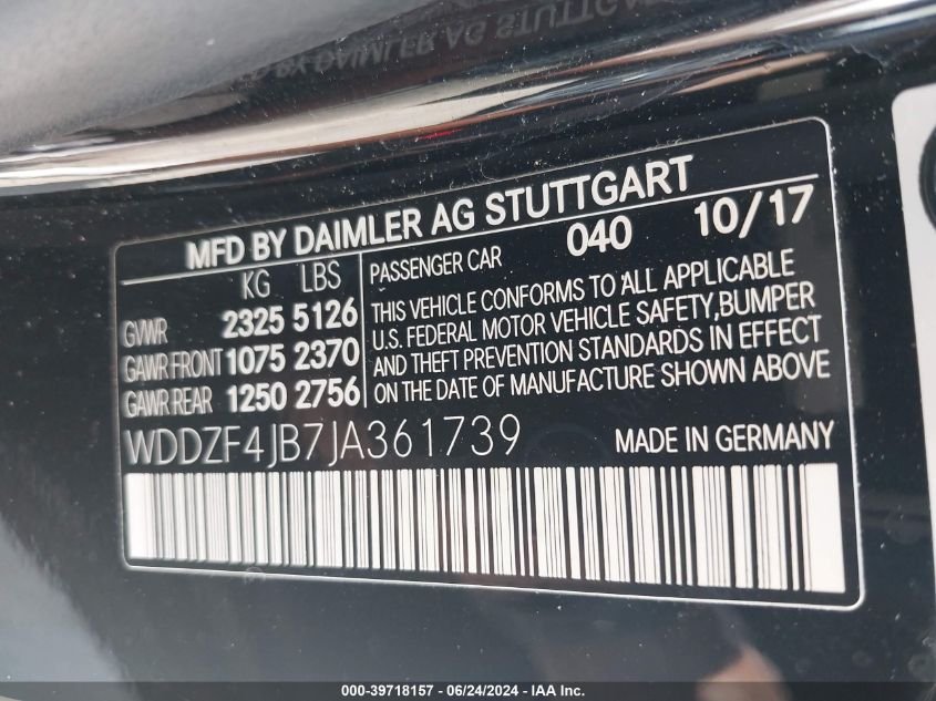 2018 Mercedes-Benz E 300 VIN: WDDZF4JB7JA361739 Lot: 39718157