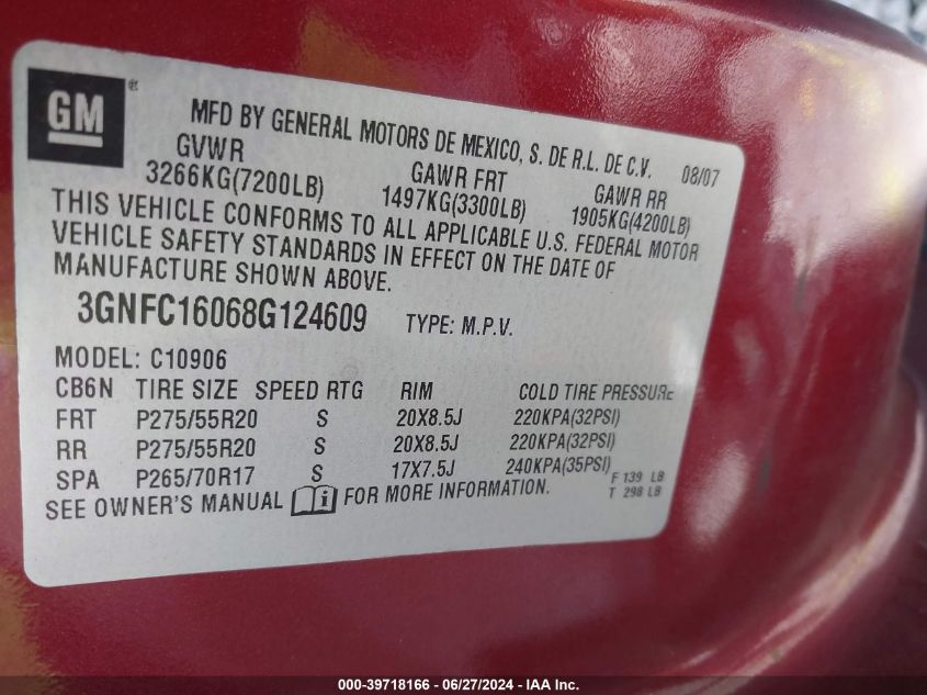 2008 Chevrolet Suburban 1500 Ltz VIN: 3GNFC16068G124609 Lot: 39718166