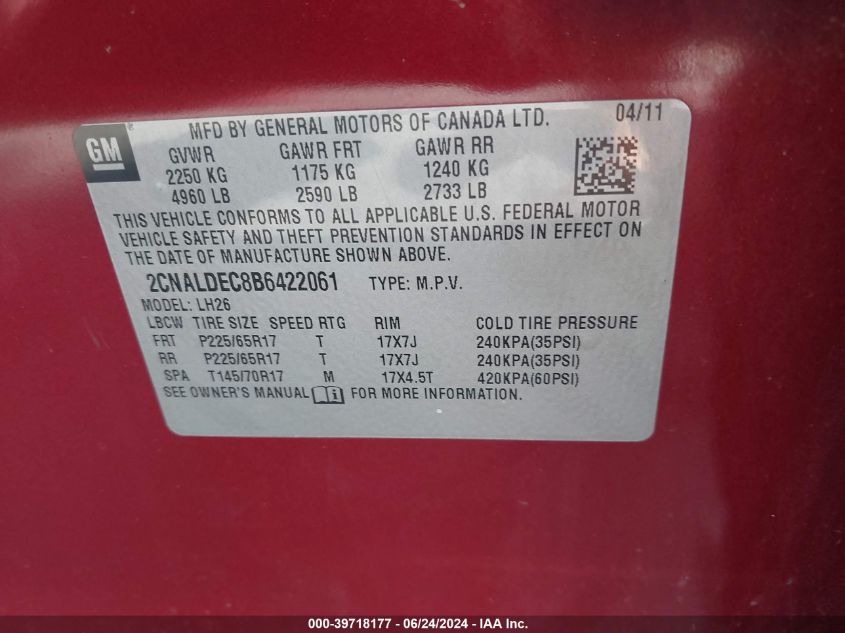 2011 Chevrolet Equinox 1Lt VIN: 2CNALDEC8B6422061 Lot: 39718177