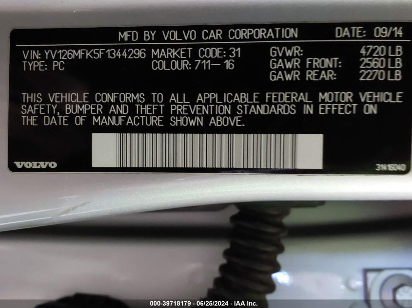 2015 Volvo S60 Premier VIN: YV126MFK5F1344296 Lot: 39718179