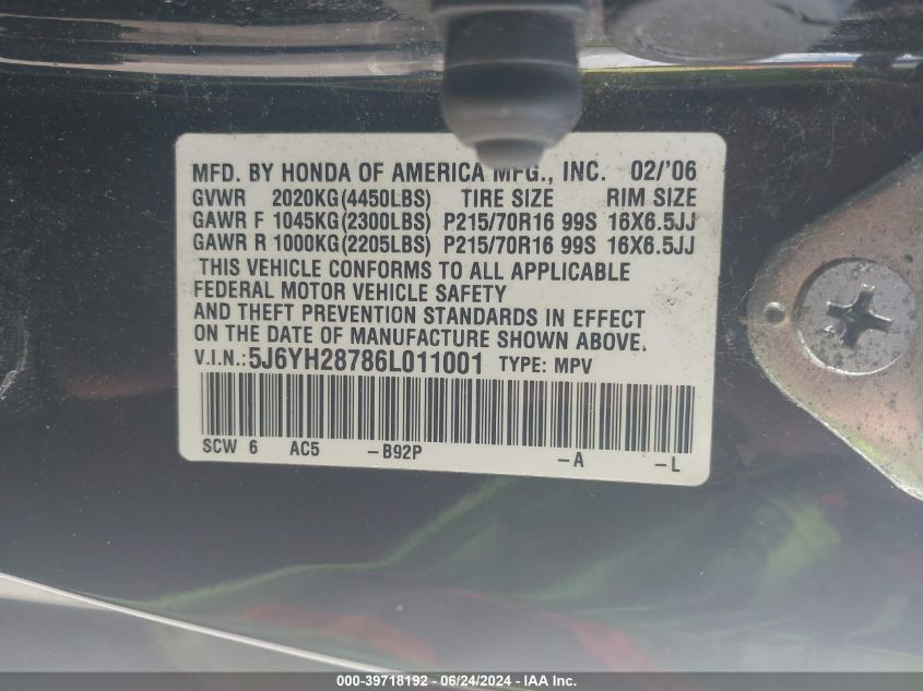 2006 Honda Element Ex-P VIN: 5J6YH28786L011001 Lot: 39718192
