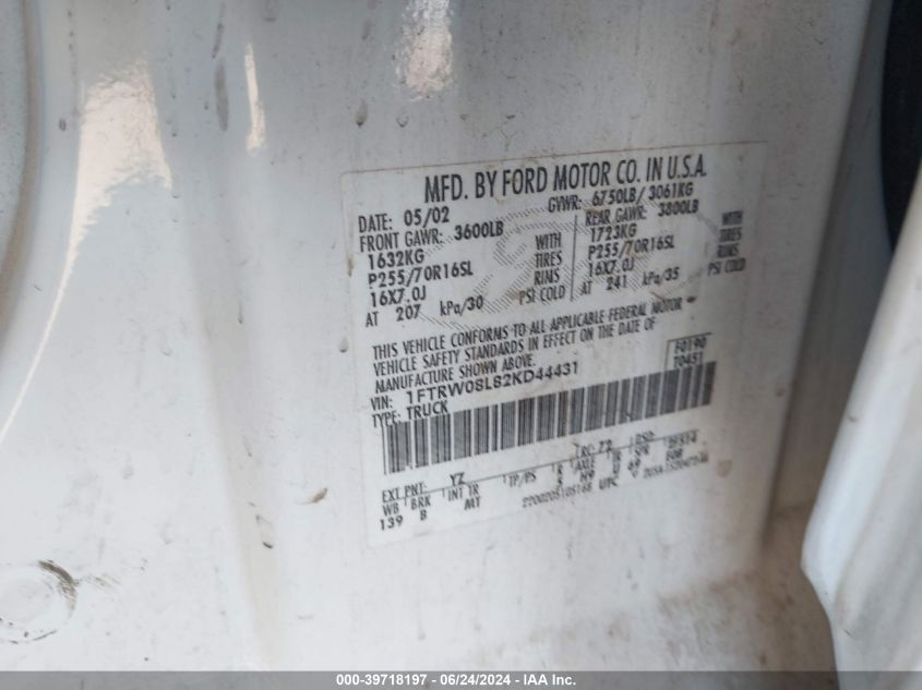 2002 Ford F-150 Lariat/Xlt VIN: 1FTRW08L82KD44431 Lot: 39718197