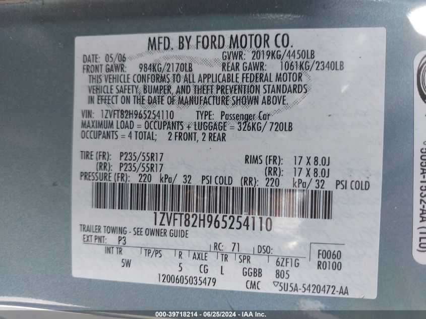 2006 Ford Mustang Gt VIN: 1ZVFT82H965254110 Lot: 39718214