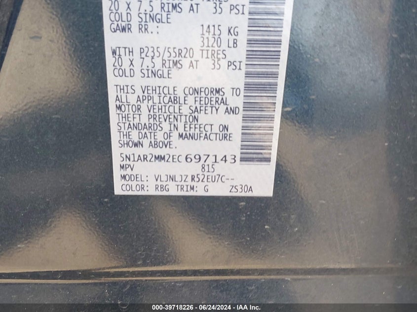 2014 Nissan Pathfinder Platinum VIN: 5N1AR2MM2EC697143 Lot: 39718226