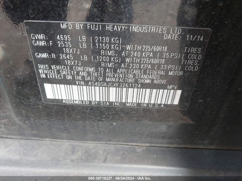 2015 Subaru Outback 2.5I Limited VIN: 4S4BSAJCXF3261124 Lot: 39718227