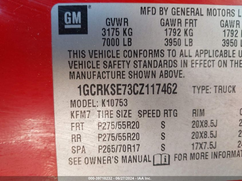 2012 Chevrolet Silverado 1500 K1500 Lt VIN: 1GCRKSE73CZ117462 Lot: 39718232