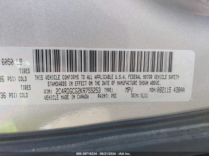 2019 Dodge Grand Caravan Sxt VIN: 2C4RDGCG2KR755253 Lot: 39718234