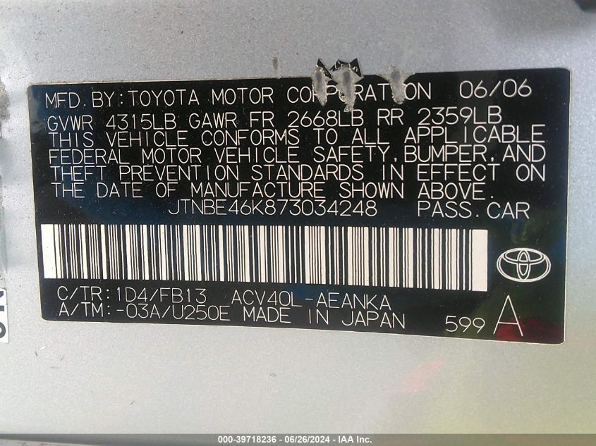 JTNBE46K873034248 | 2007 TOYOTA CAMRY