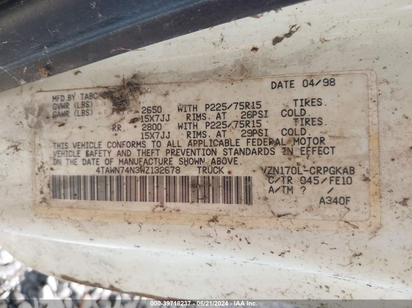 1998 Toyota Tacoma Limited V6 VIN: 4TAWN74N3WZ132678 Lot: 39718237