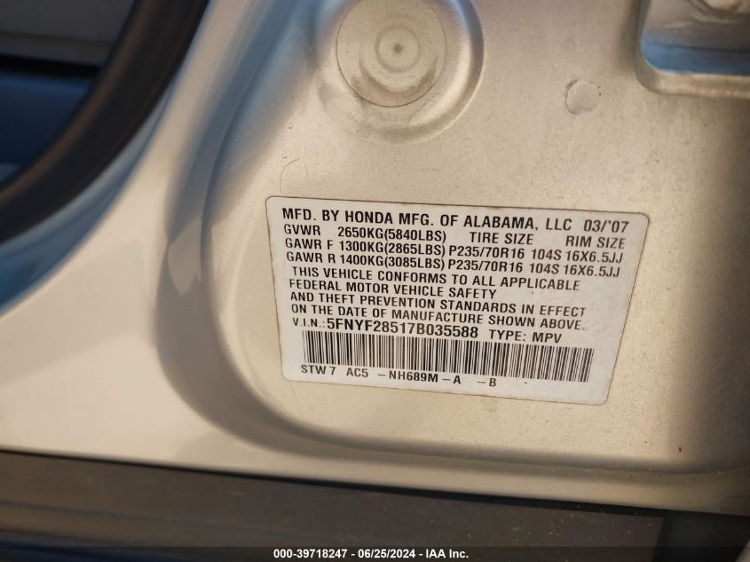 2007 Honda Pilot Ex-L VIN: 5FNYF28517B035588 Lot: 39718247