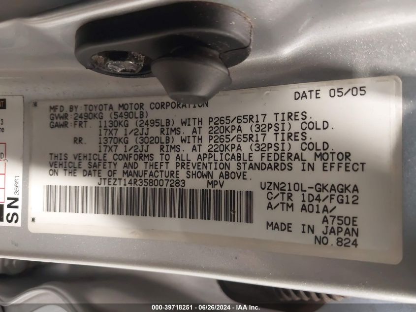 2005 Toyota 4Runner Sr5 Sport V8/Sr5 V8 VIN: JTEZT14R358007283 Lot: 39718251