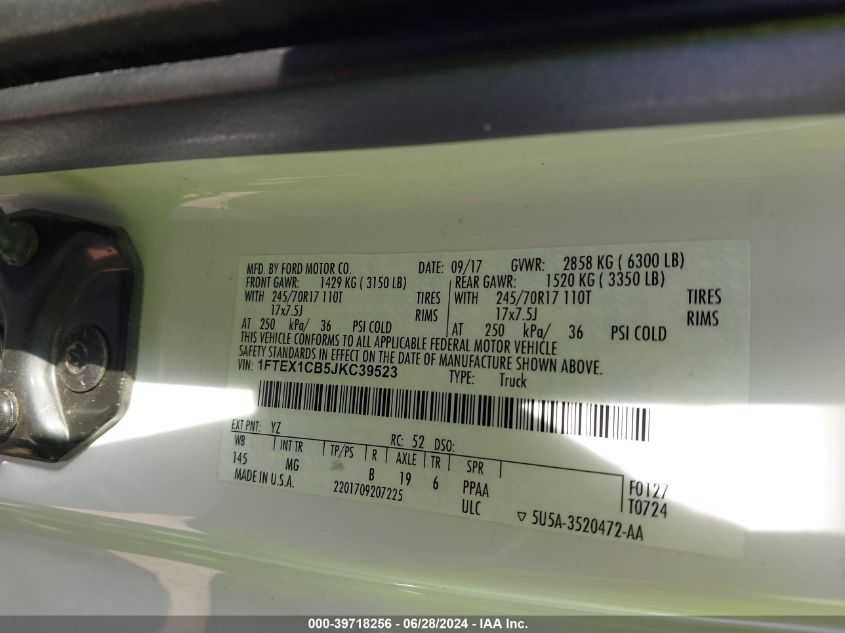 2018 Ford F150 Super Cab VIN: 1FTEX1CB5JKC39523 Lot: 39718256