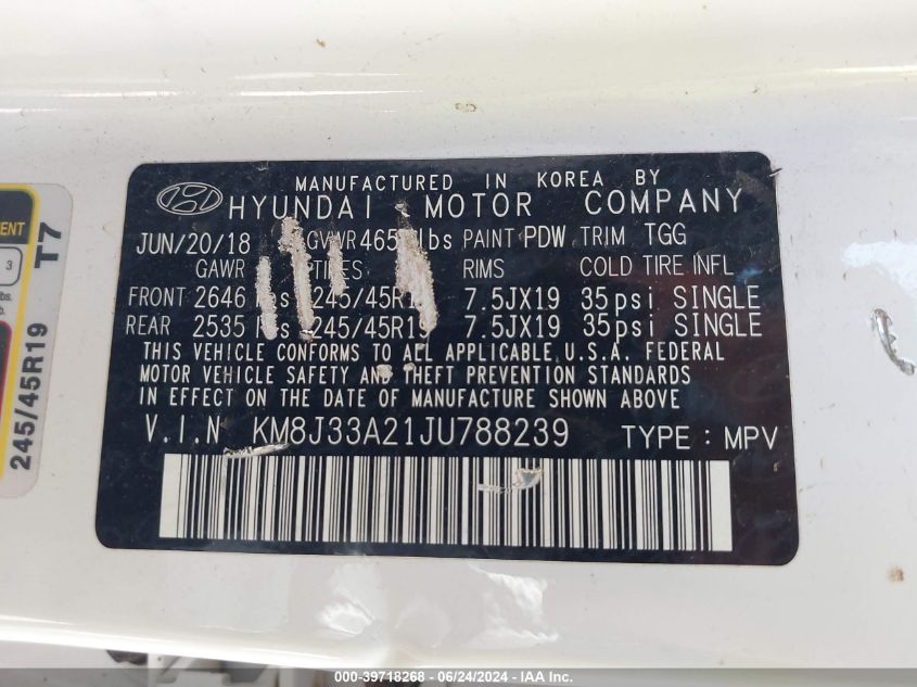 2018 Hyundai Tucson Value VIN: KM8J33A21JU788239 Lot: 39718268